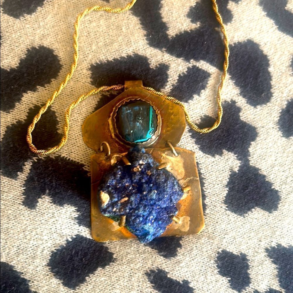 Handmade Artisan Brass Necklace with Dichroic Crystal and Stone